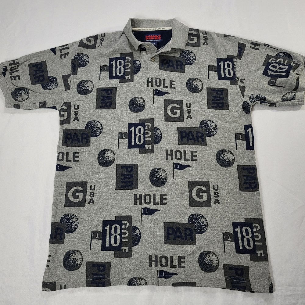 Pivot Rules Golf Polo Mens Medium Vintage All Over Print AOP Hole In One Par USA